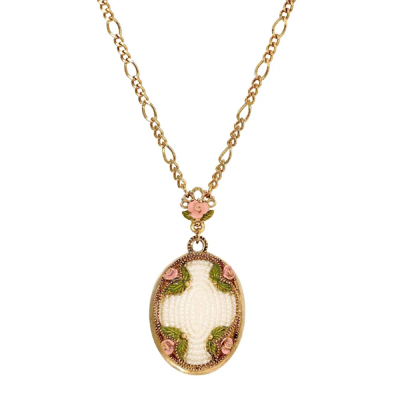 Women’s heart necklace-1928 Jewelry Pearly Eden Pink Rose Enamel Faux Pearl Embossed Pendant Figaro Chain Necklace 30"L