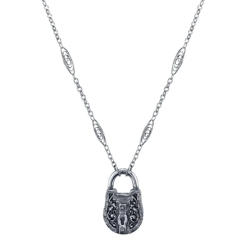 Women’s gemstone necklace-1928 Jewelry Antiqued Pewter Lock Pendant Necklace 30"