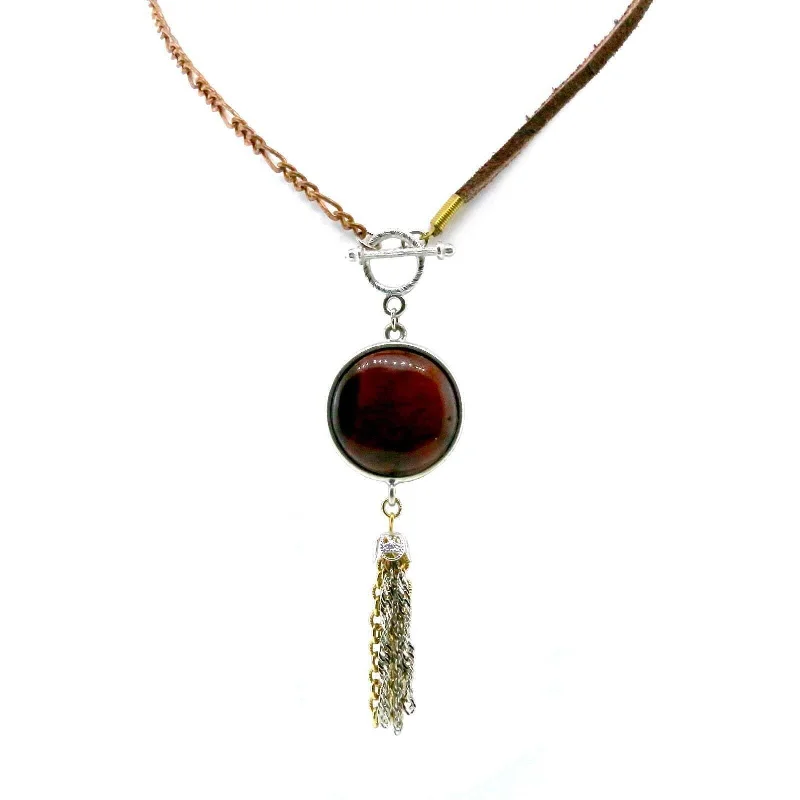 Women’s elegant diamond necklace-T.R.U. Copper Burnt Tigers Eye Gemstone Mocha Faux Suede Multi Chain Tassel Necklace 30"