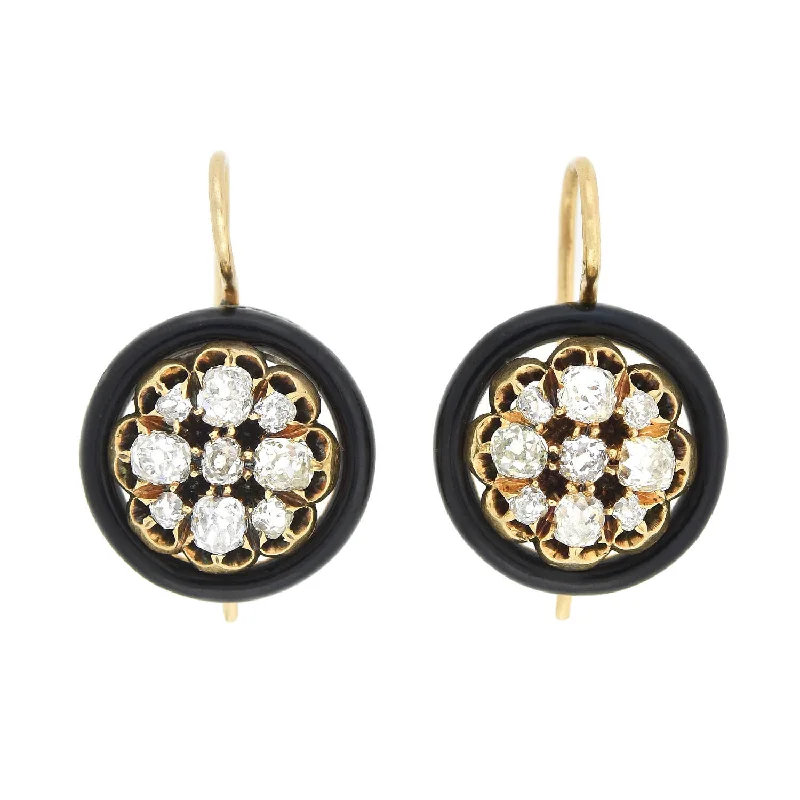 Women’s opal earrings-Victorian 14kt Black Enamel + Diamond Cluster Earrings 1.30ctw