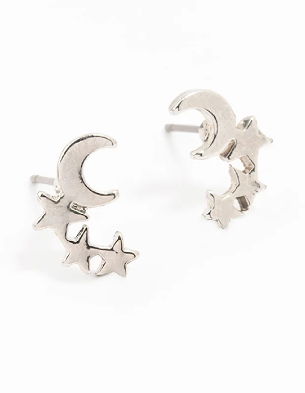 Women’s opal earrings-Silver Moon And Stars Stud Earrings