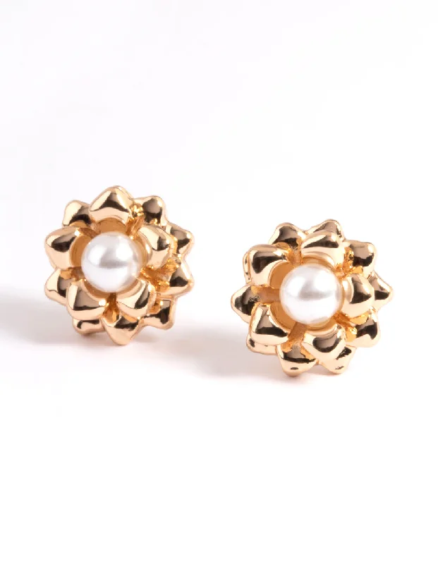 Women’s black diamond earrings-Gold Pearl Flower Stud Earrings