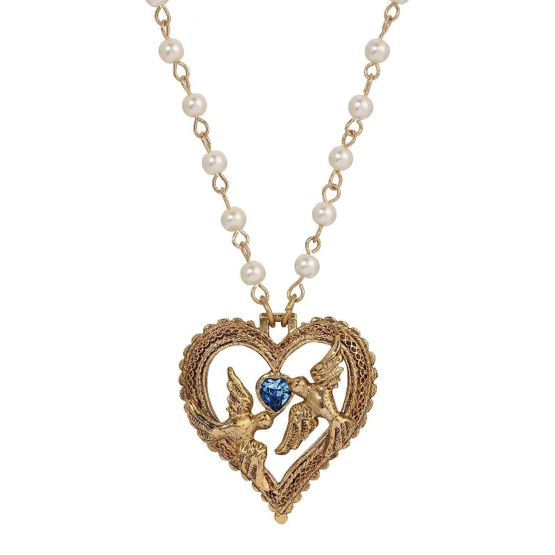 Women’s charm bracelet necklace-1928 Jewelry Crystal Heart Love Birds Pendant Necklace 15" + 3" Extension