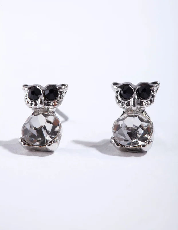 Women’s sterling silver hoops-Silver Diamante Owl Stud Earrings