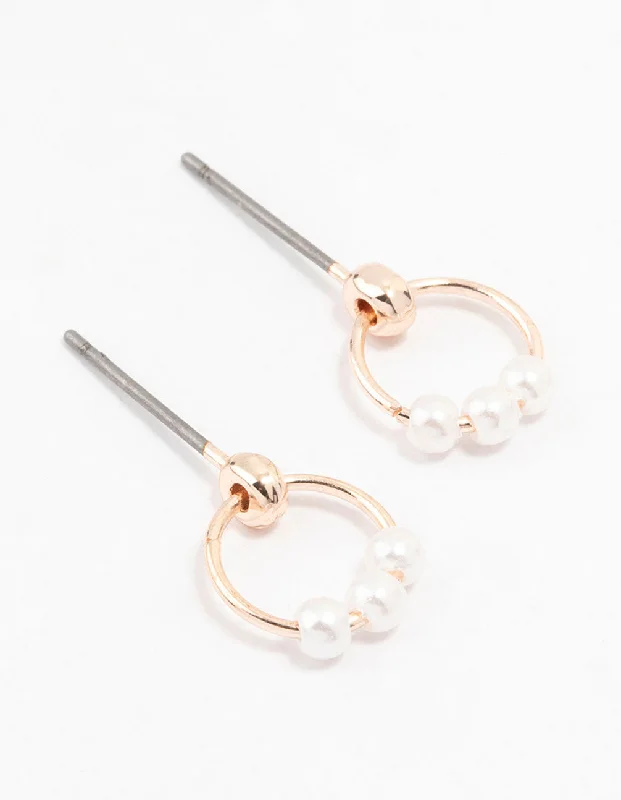 Women’s enamel earrings-Rose Gold 3 Pearl Circular Stud Earrings