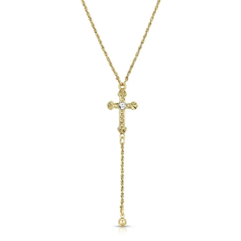 Women’s bar necklace-1928 Jewelry Gold Cross Round Clear Crystal Y-Necklace 15" + 3" Extender