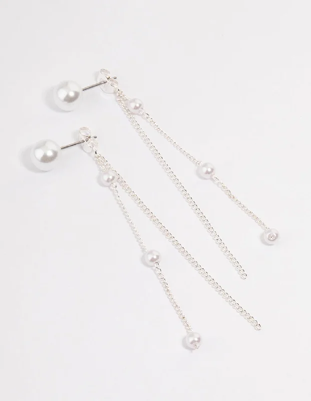 Women’s zirconia drop earrings-Silver Pearl Cupchain Sandwich Drop Earrings