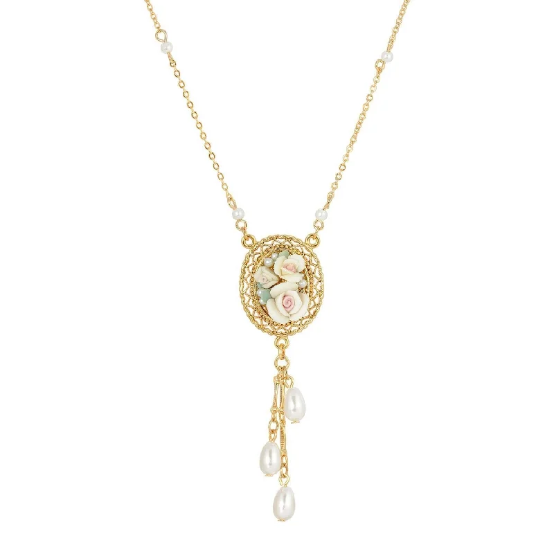 Women’s delicate necklace-1928 Jewelry Ivory Porcelain Roses Oval Filigree Pendant Faux Pearl Drop Necklace 16" + 3" Extender