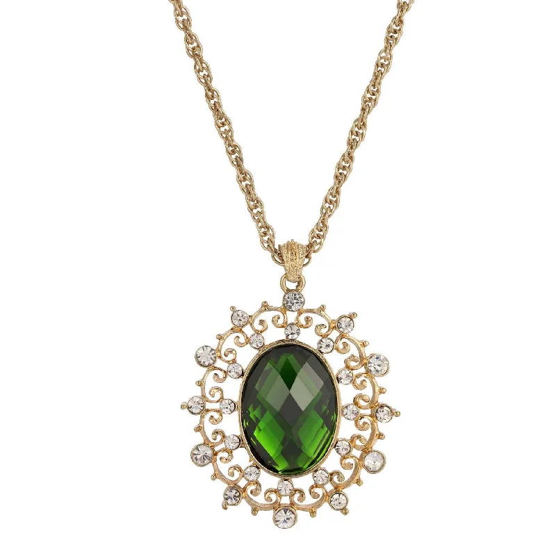 Women’s heart pendant necklace-1928 Jewelry Green Stone And Crystal Large Oval Pendant Necklace 16" + 3" Extender