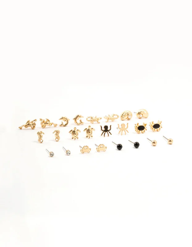 Women’s crystal earrings-Gold Mixed Creatures Earrings 12-Pack