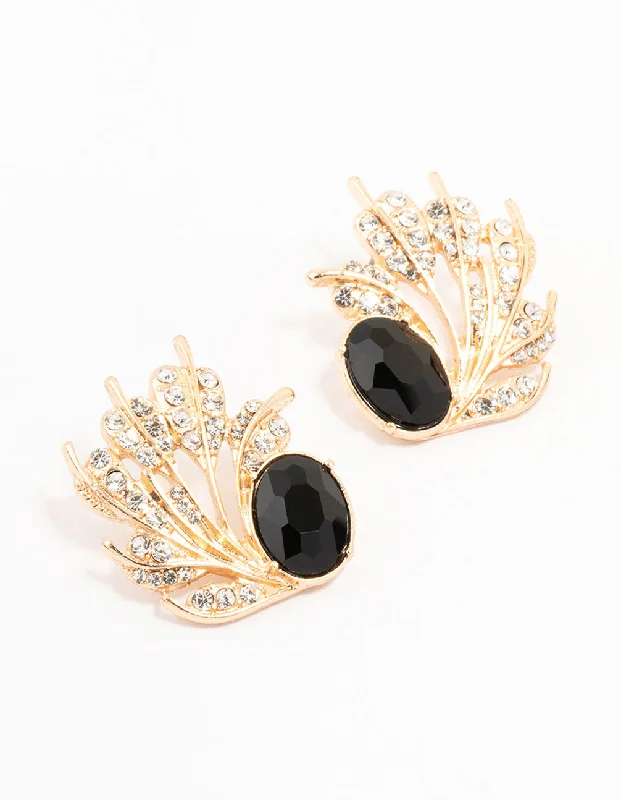 Women’s silver hoop earrings-Gold & Black Ant Leaf Stud Earrings