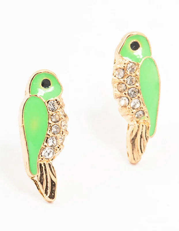 Women’s turquoise earrings-Green Gold Epoxy Parrot Stud Earrings