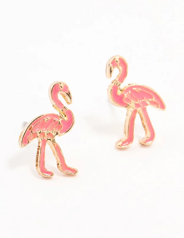 Women’s modern earrings-Pink Epoxy Gold Flamingo Stud Earrings