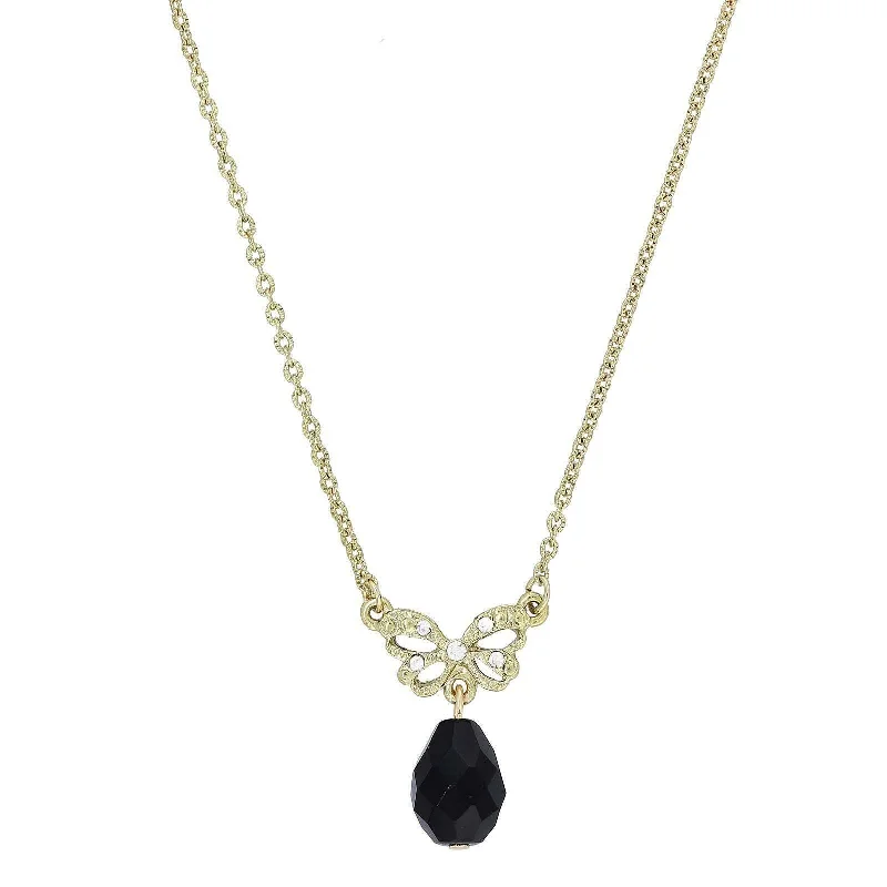 Women’s heart-shaped necklace-1928 Jewelry Bow Black Bead Drop Pendant Necklace 16" + 3" Extender