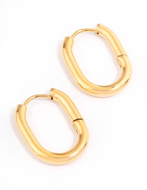 Women’s modern earrings-Waterproof Gold Plated Stainless Steel Plain Oval Huggie Hoops