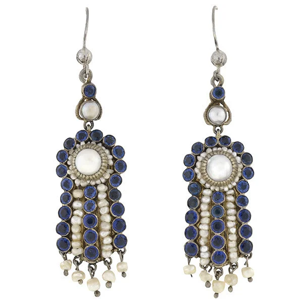 Women’s intricate design earrings-Arts & Crafts Era Austro-Hungarian Sterling Pearl & Faux Sapphire Earrings