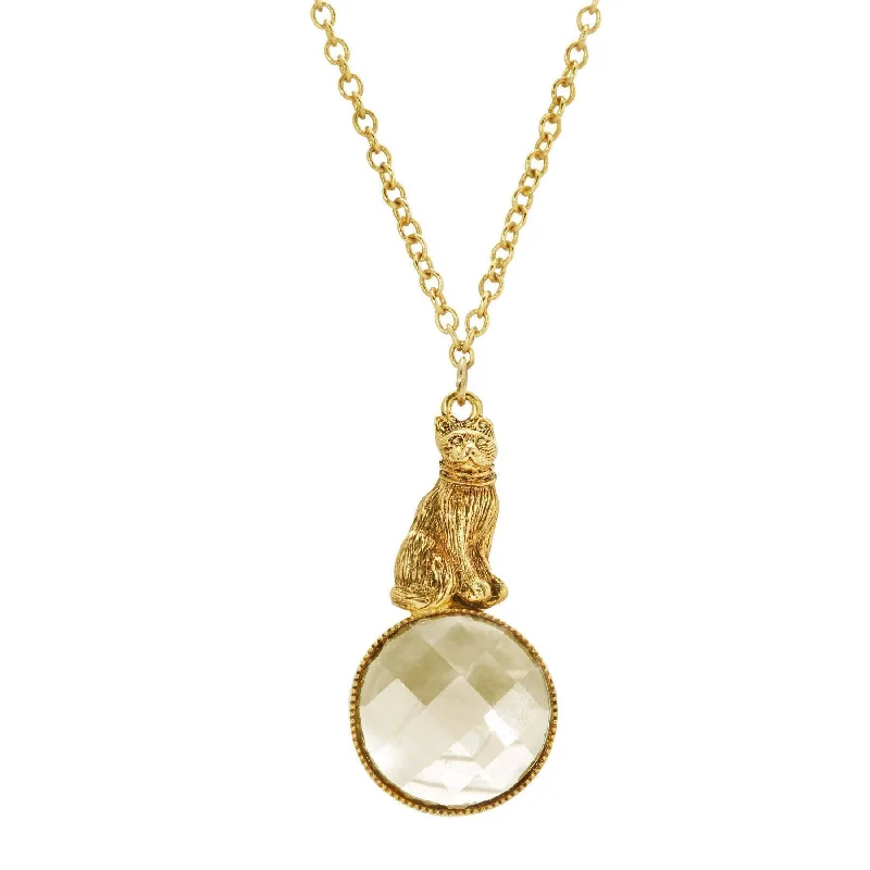 Women’s diamond pendant necklace-1928 Jewelry Sitting Cat On Round Light Topaz Stone Pendant Necklace 28"