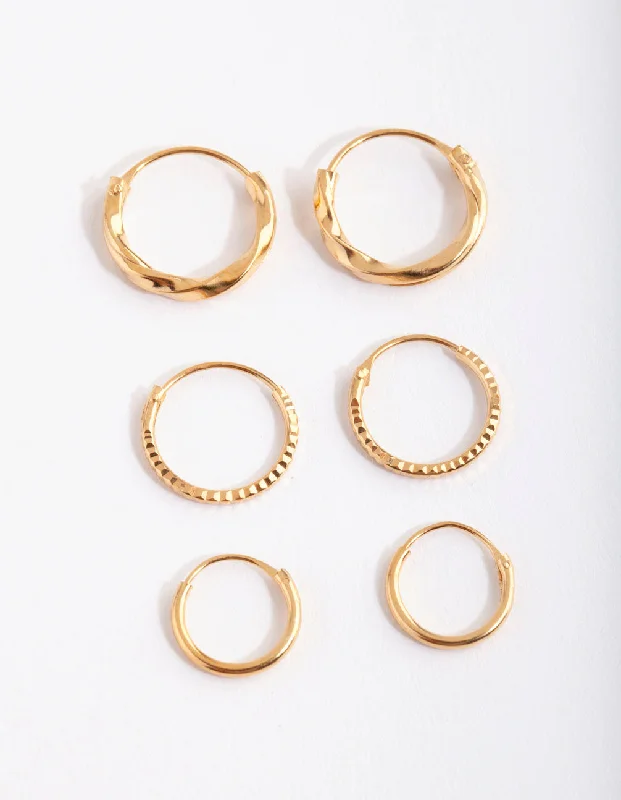 Women’s chic gold earrings-Gold Plated Sterling Silver Graduating Textured Hoop Earring Pack