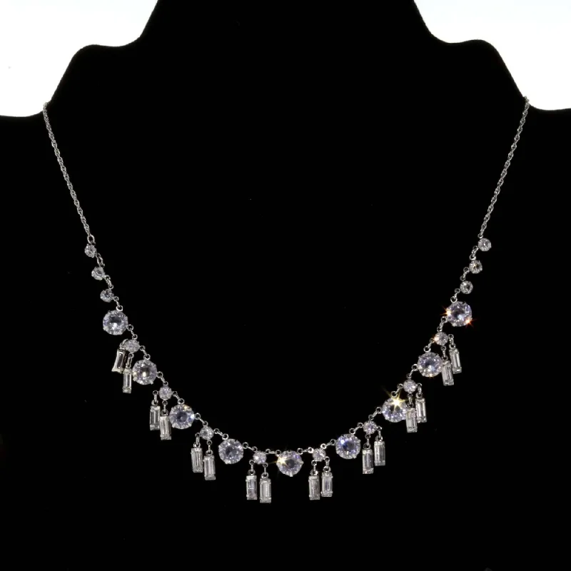 Women’s pearl necklace-1928 Jewelry Round And Baguette Austrian Crystal Drop Necklace 15"