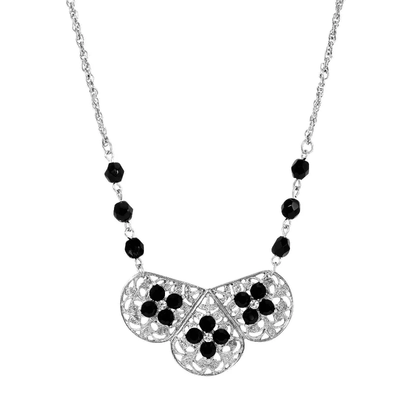 Women’s family birthstone necklace-1928 Jewelry Pewter Filigree Black Stone Bead Necklace 16" + 3" Extension