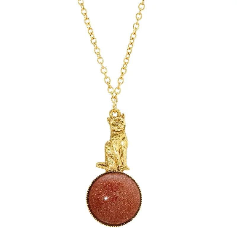 Women’s zodiac necklace-1928 Jewelry Sitting Cat On Round Gemstone Pendant Necklace 28"