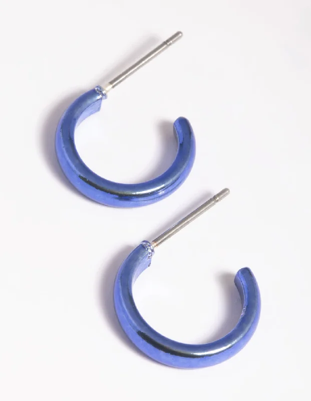 Women’s romantic earrings-Matte Blue Metallic Huggie Hoop Earrings