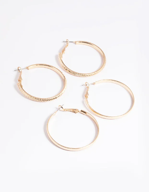 Women’s gold earrings-Gold Plain Text Hoop Earrings Set