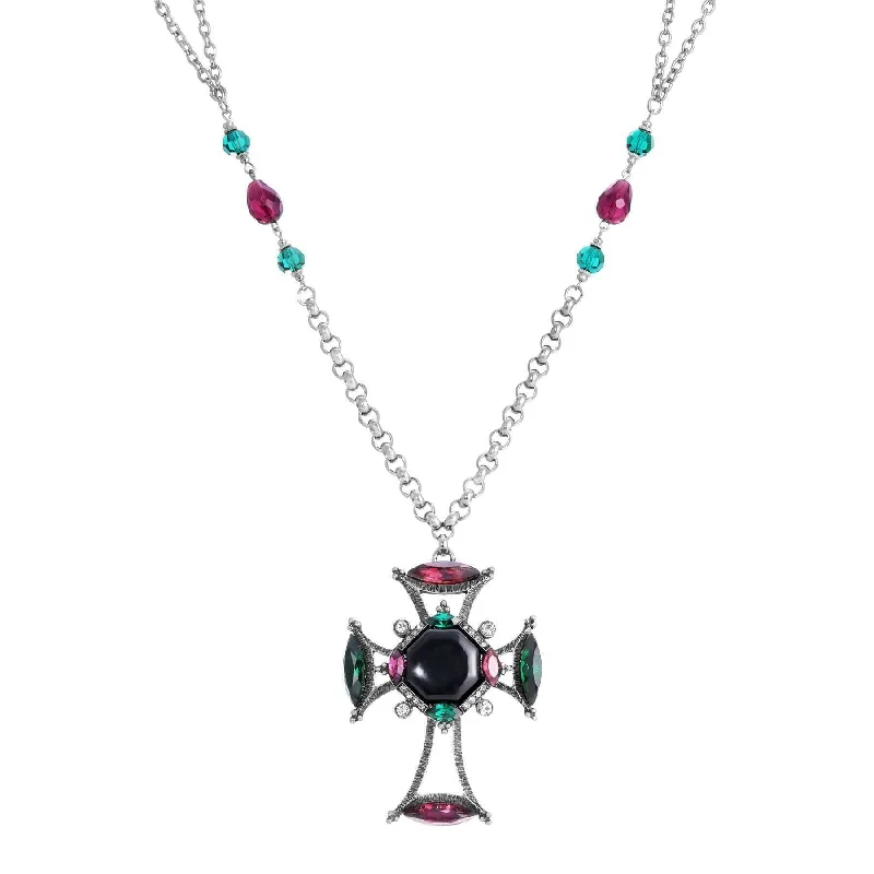 Women’s heart-shaped necklace-1928 Jewelry Monarch Emerald & Amethyst Crystal Black Octagon Stone Cross Pendant Necklace 30"