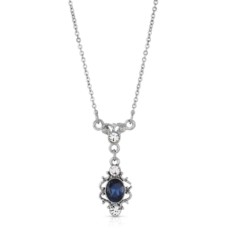 Women’s bar necklace-1928 Bridal Dark Blue Oval Crystal Filigree Pendant Necklace 16" + 3" Extender