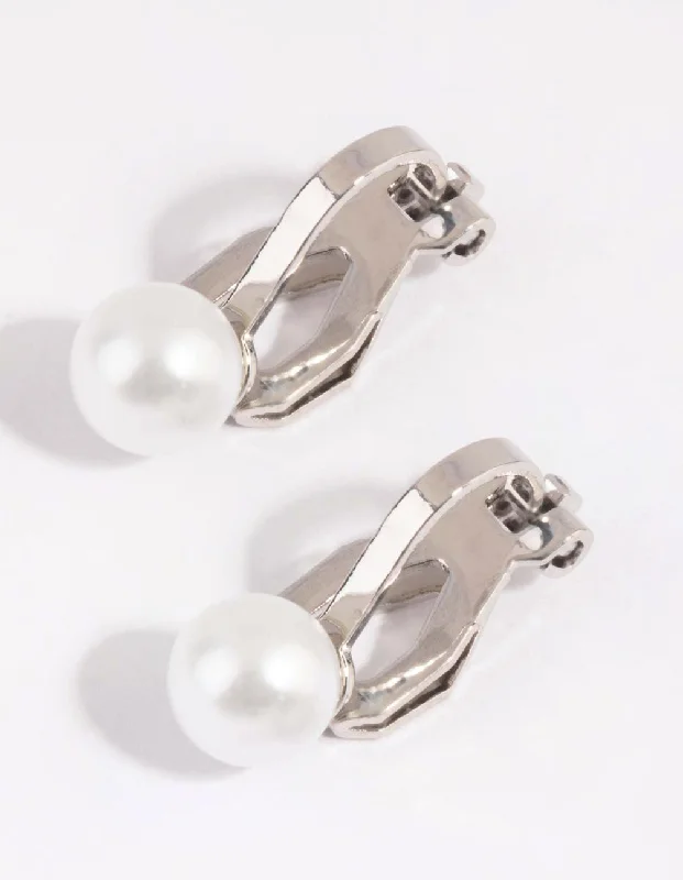 Women’s designer earrings-Silver Half Pearl Clip On Earrings