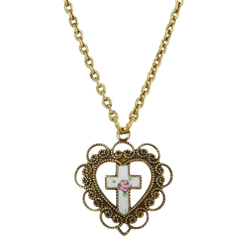 Women’s geometric necklace-Symbols Of Faith Heart With White Floral Cross Pendant Necklace 16" + 3" Extender