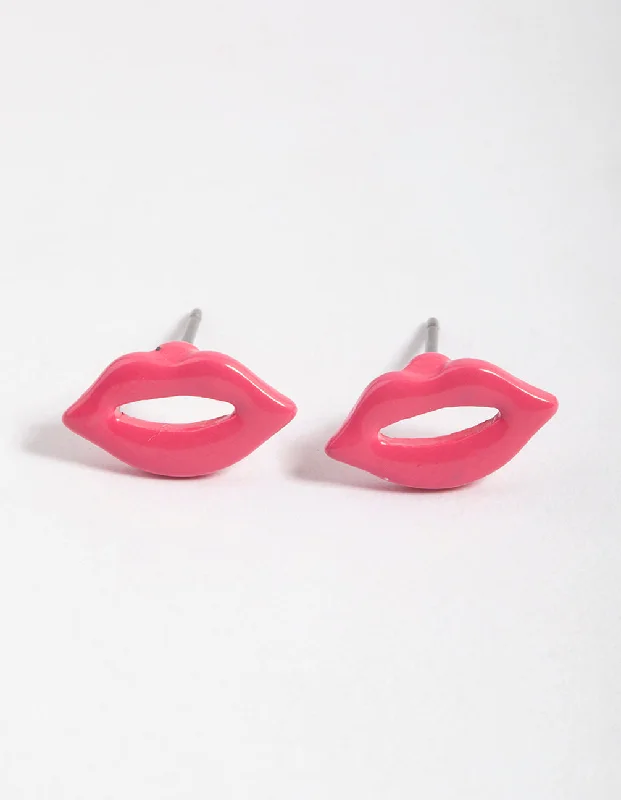 Women’s silver hoop earrings-Fuchsia Open Lips Stud Earrings