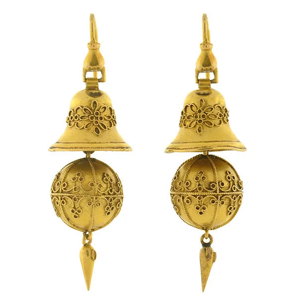 Women’s multi-drop earrings-Victorian 15kt Etruscan Ball & Bell Hanging Earrings