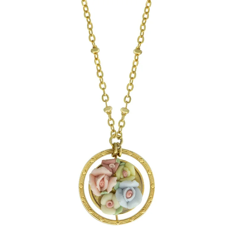 Women’s heart necklace-1928 Jewelry Multicolor Porcelain Flower Round Drop Necklace 16" + 3" Extender