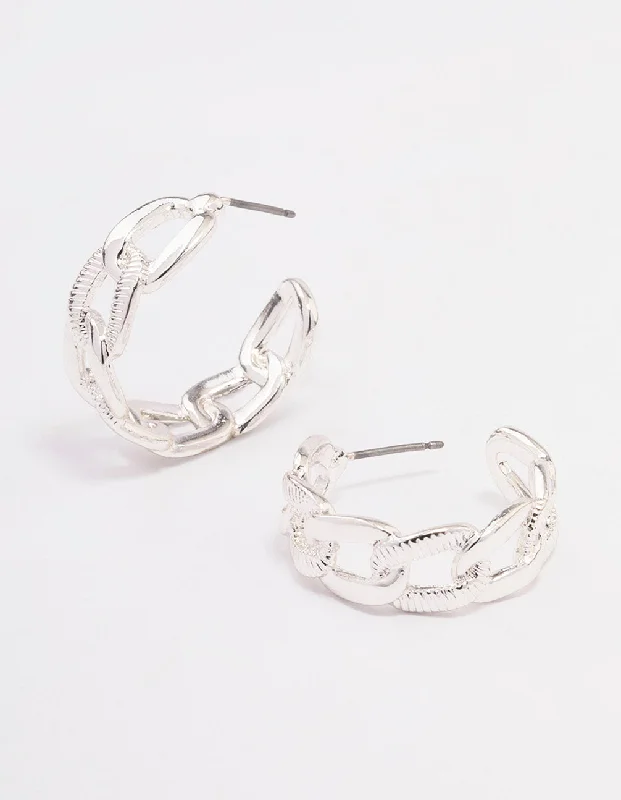 Women’s tiny stud earrings-Silver Textured Link Hoop Earrings