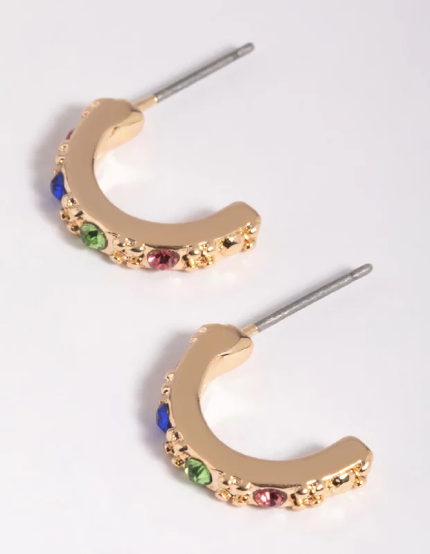 Women’s hoop earrings-Gold Diamante Huggie Hoop Earrings