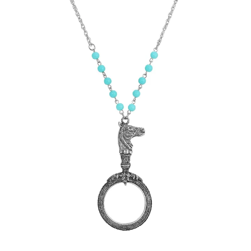 Women’s charm bracelet necklace-1928 Jewelry Turquoise Bead Equine Magnifying Glass Pendant Necklace 28"L - Magnification Power: 1-2X