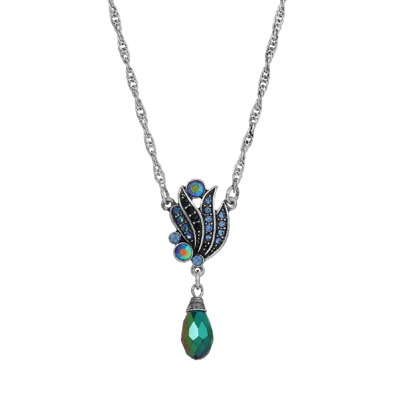 Women’s gold plated necklace-Regency Giovane Iridescent AB Crystal & Blue Stone Drop Necklace 16" + 3" Extender