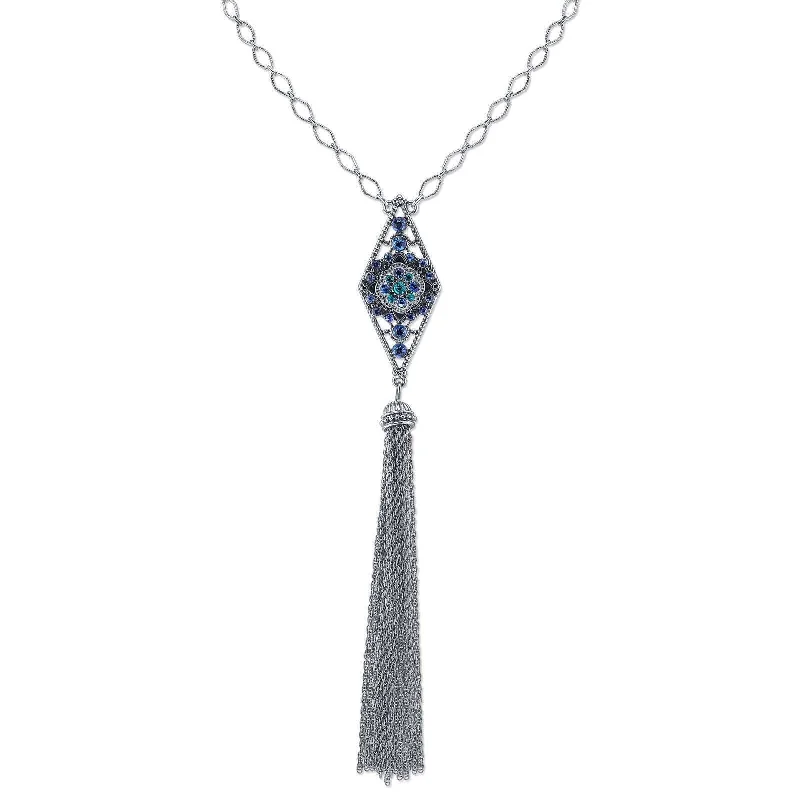 Women’s heart necklace-1928 Jewelry Multi Blue Crystal Diamond Link Chain Tassel Necklace 26"