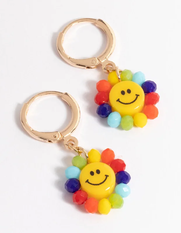 Women’s statement earrings-Gold Rainbow Smiley Huggie Earrings