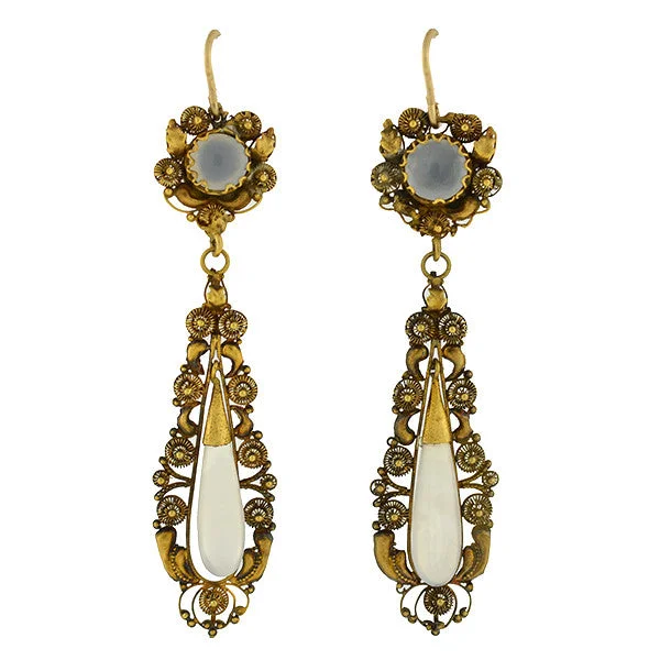 Women’s long drop earrings-Victorian 18kt Chalcedoney Cannetille Teardrop Earrings