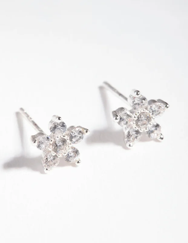 Women’s gold chain earrings-Sterling Silver Cubic Zirconia Flower Stud Earrings