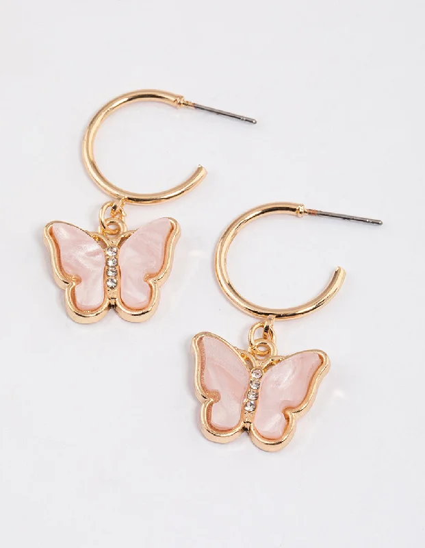 Women’s romantic earrings-Pink Acrylic Butterfly Hoop Drop Earrings