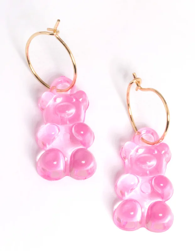 Women’s gold stud earrings-Pink Candy Bear Hoop Earrings