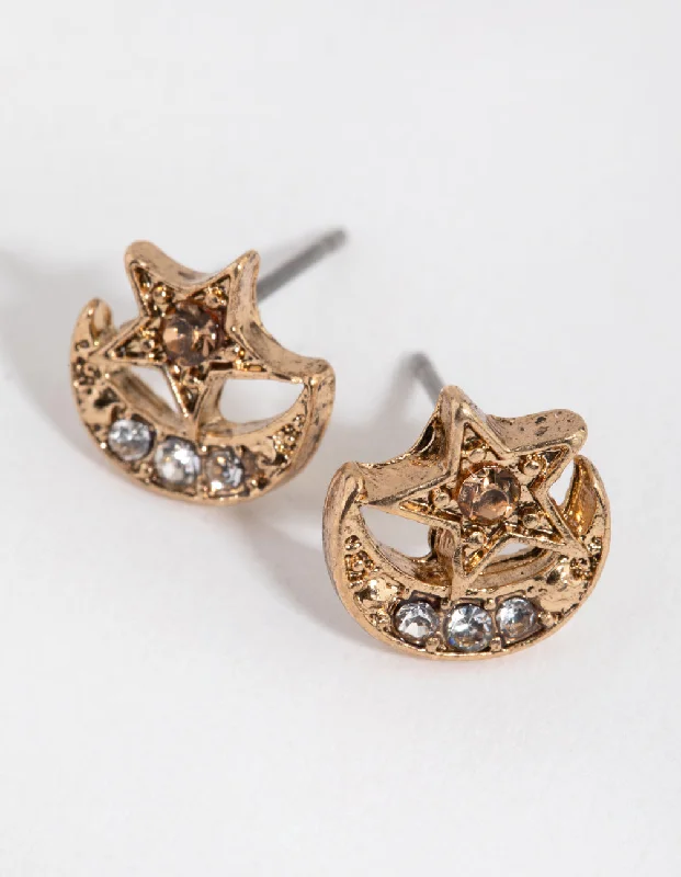 Women’s halo diamond earrings-Antique Gold Star in Crescent Stud Earrings