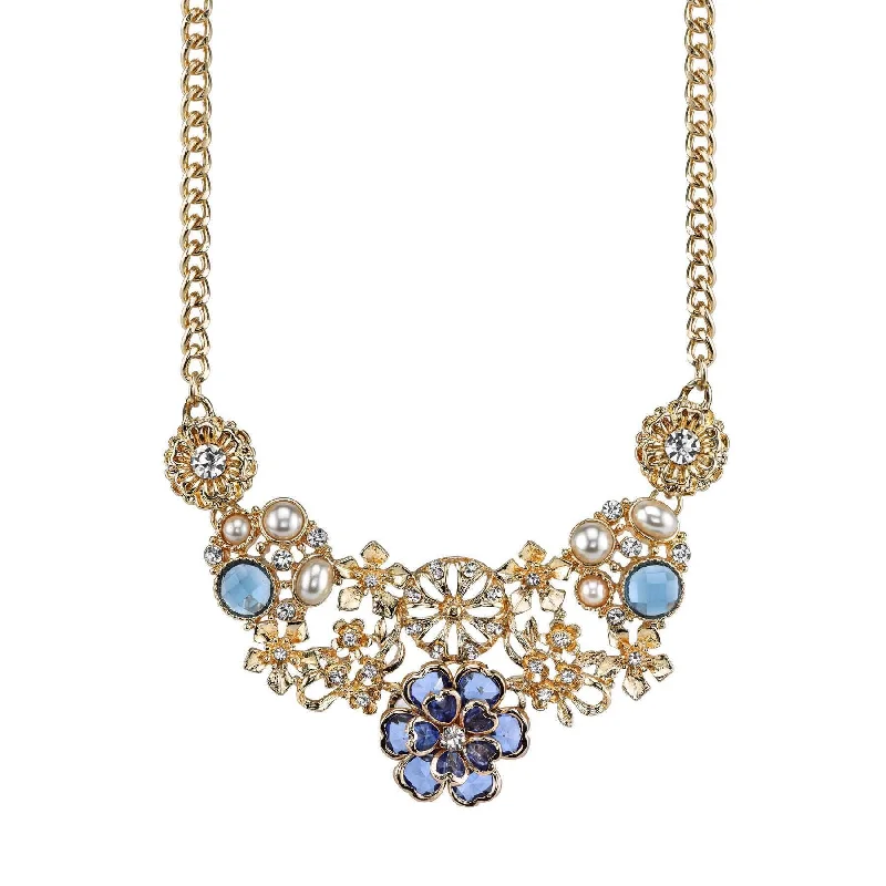 Women’s letter necklace-2028 Jewelry Blue With Clear Crystal And Faux Pearl Flower Bib Necklace 16" + 3" Extender