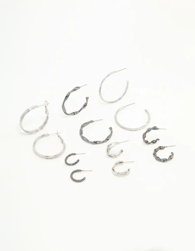 Women’s heart-shaped earrings-Mixed Shade Silver Twisted & Sleek Hoop Earrings 6-Pack