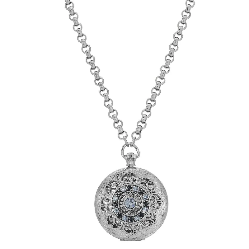 Women’s pendant with diamonds necklace-1928 Jewelry Deco Lux Crystal Pocket Watch Locket Necklace 28"