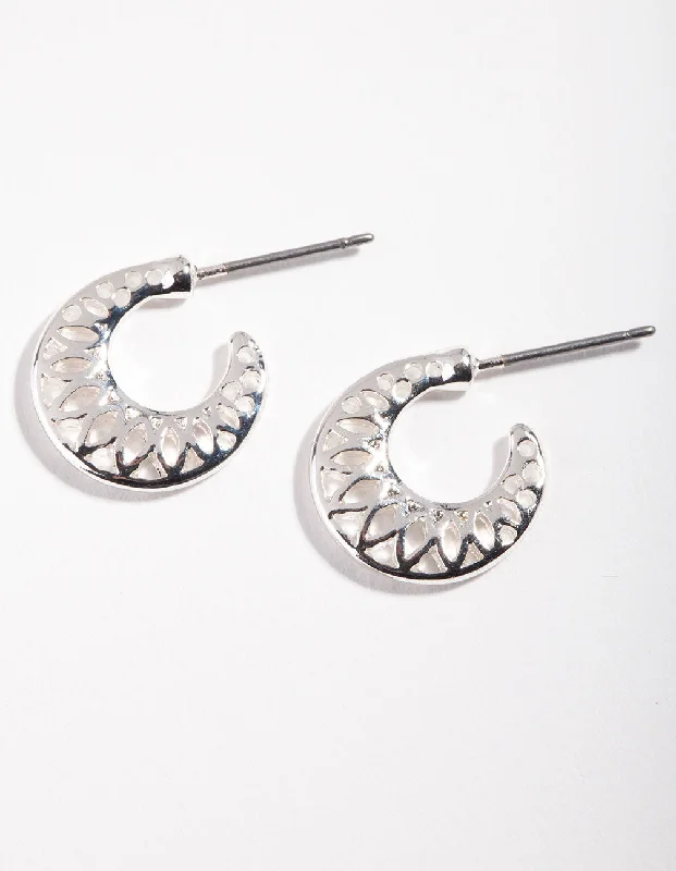 Women’s pearl drop earrings-Silver Side Cut Out Micro Hoop Earrings