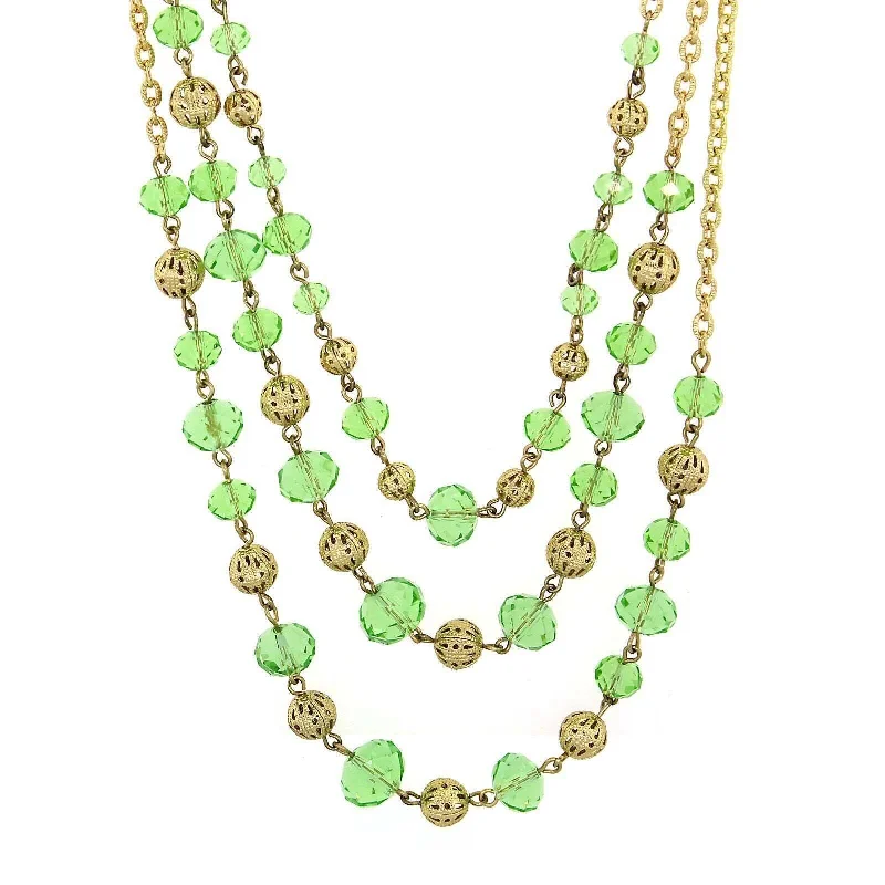 Women’s casual necklace-2028 Jewelry Luxe Glass Crystal Puffed Round Filigree Bead 3-Strand Necklace 16" + 3" Extender